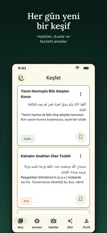 Mağaza görseli — dua ve hadis kartlarından oluşan keşfet akışı