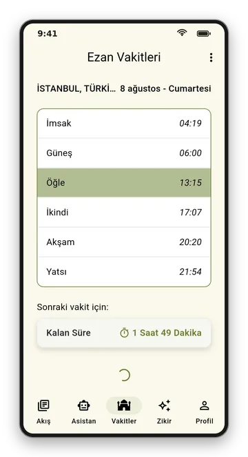 İbadet Rehberim ezan vakitleri ekranı: günün altı vakti ve sonraki vakte kalan süre